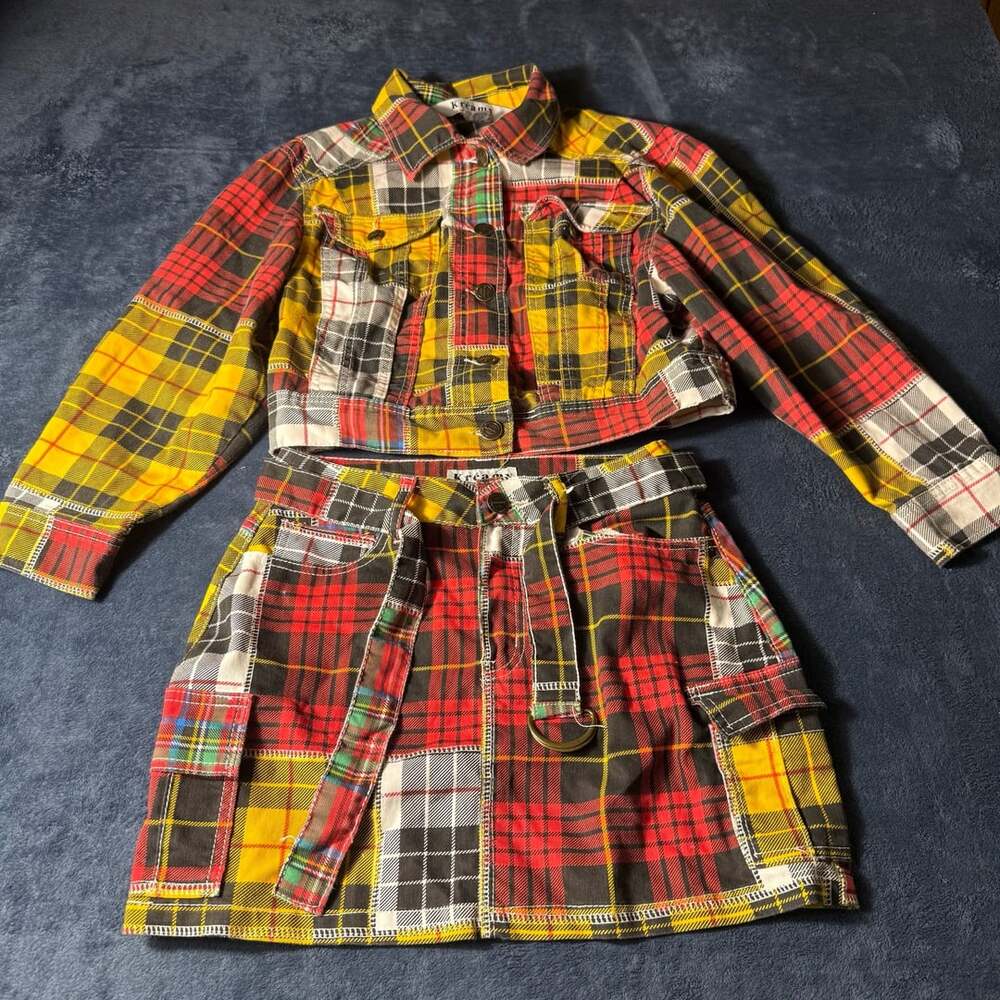 Kréamy Plaid Patchwork Cropped Denim Jacket and Skirt Set Size M